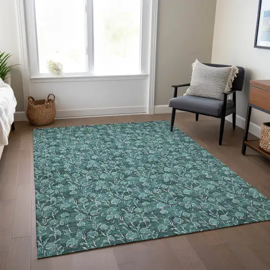 Teal Blue Aqua And Ivory Floral Washable Indoor Outdoor Area Rug Photo 8