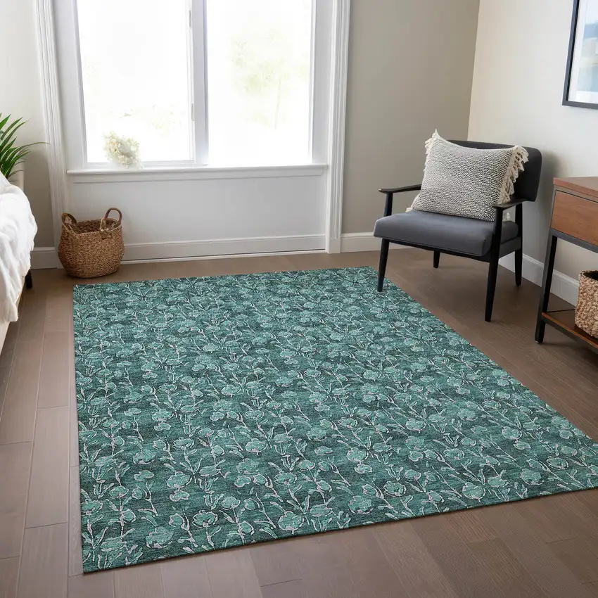 Teal Blue Aqua And Ivory Floral Washable Indoor Outdoor Area Rug Photo 8