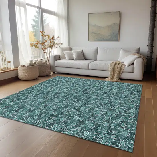 Teal Blue Aqua And Ivory Floral Washable Indoor Outdoor Area Rug Photo 9