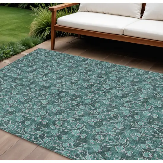 Teal Blue Aqua And Ivory Floral Washable Indoor Outdoor Area Rug Photo 1