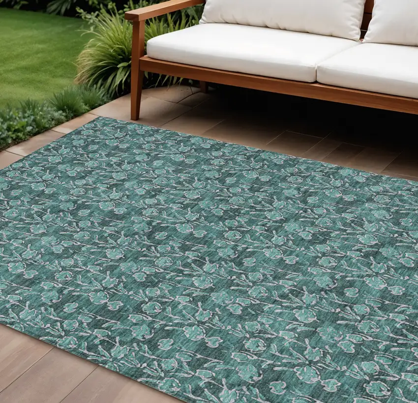 Teal Blue Aqua And Ivory Floral Washable Indoor Outdoor Area Rug Photo 1