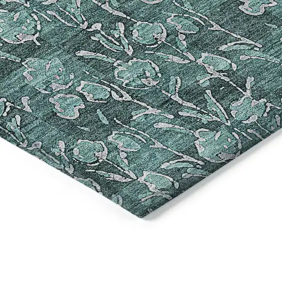 Teal Blue Aqua And Ivory Floral Washable Indoor Outdoor Area Rug Photo 4
