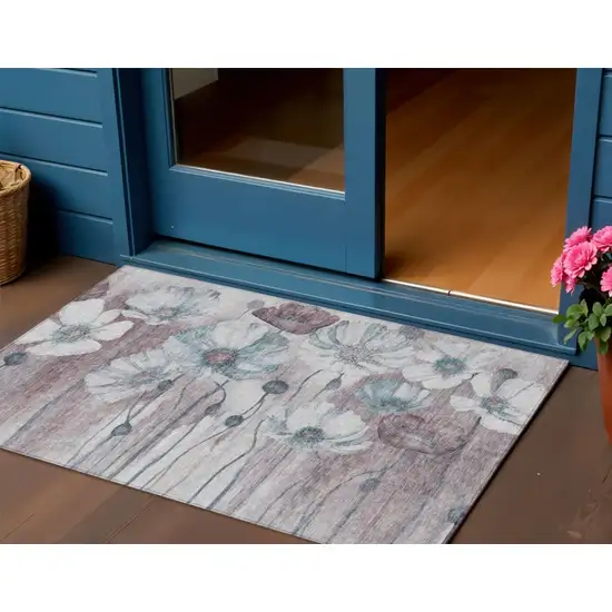 Teal Blue Aqua And Ivory Floral Washable Indoor Outdoor Area Rug Photo 1