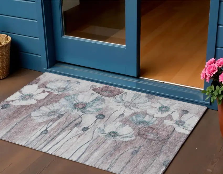 Teal Blue Aqua And Ivory Floral Washable Indoor Outdoor Area Rug Photo 1