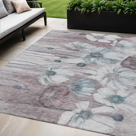 Teal Blue Aqua And Ivory Floral Washable Indoor Outdoor Area Rug Photo 1