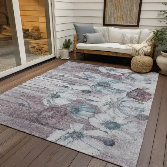 Teal Blue Aqua And Ivory Floral Washable Indoor Outdoor Area Rug Photo 7