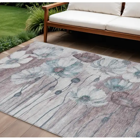 Teal Blue Aqua And Ivory Floral Washable Indoor Outdoor Area Rug Photo 1