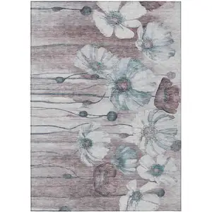Photo of Teal Blue Aqua And Ivory Floral Washable Indoor Outdoor Area Rug