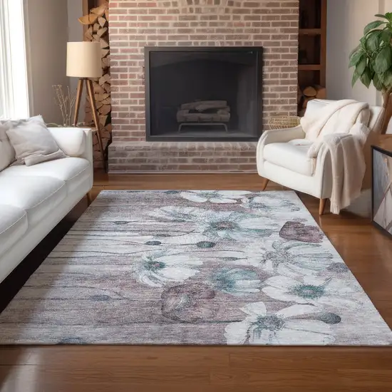 Teal Blue Aqua And Ivory Floral Washable Indoor Outdoor Area Rug Photo 8