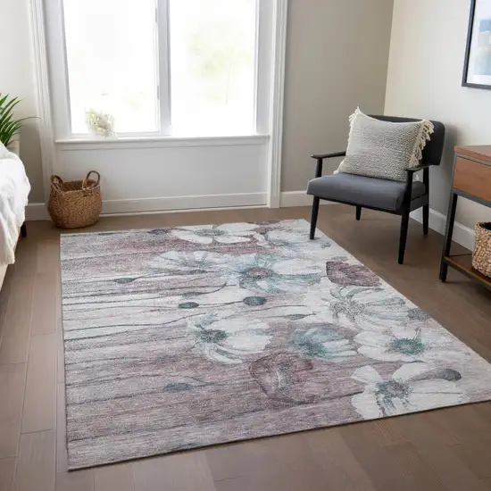 Teal Blue Aqua And Ivory Floral Washable Indoor Outdoor Area Rug Photo 7