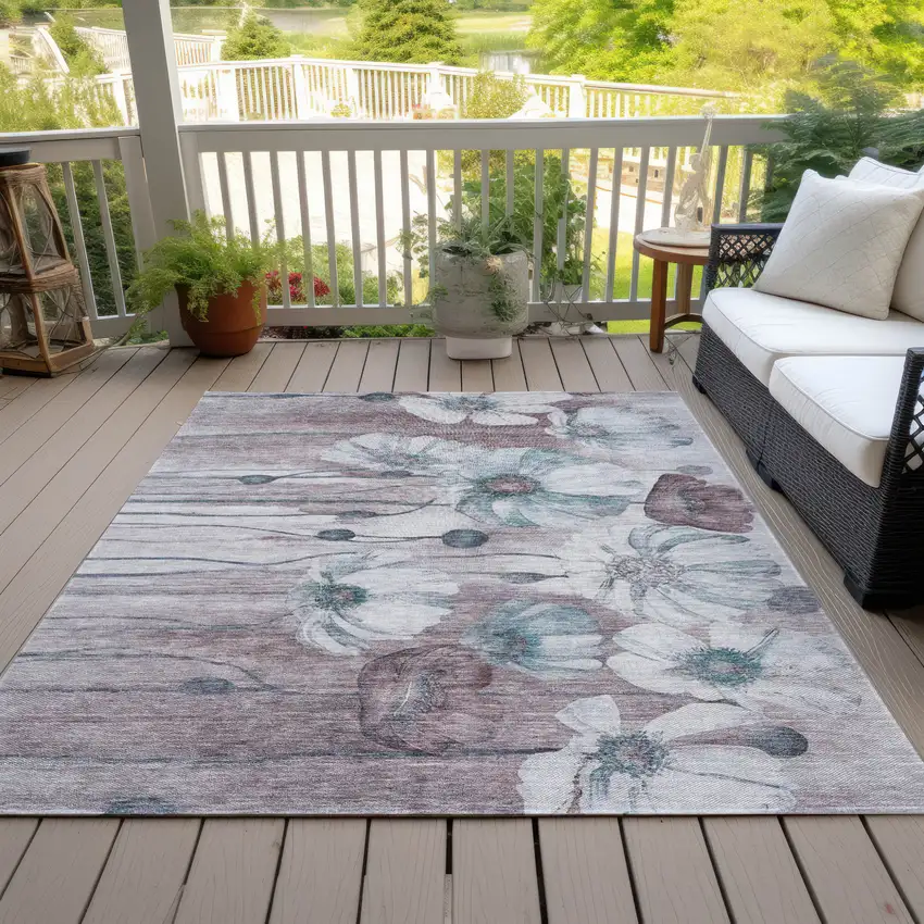 Teal Blue Aqua And Ivory Floral Washable Indoor Outdoor Area Rug Photo 9