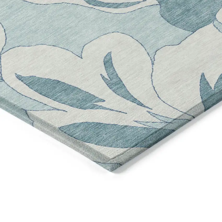Teal Blue Aqua And Ivory Floral Washable Indoor Outdoor Area Rug Photo 5