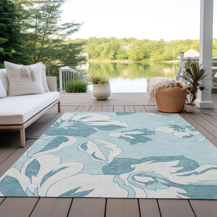 Teal Blue Aqua And Ivory Floral Washable Indoor Outdoor Area Rug Photo 9