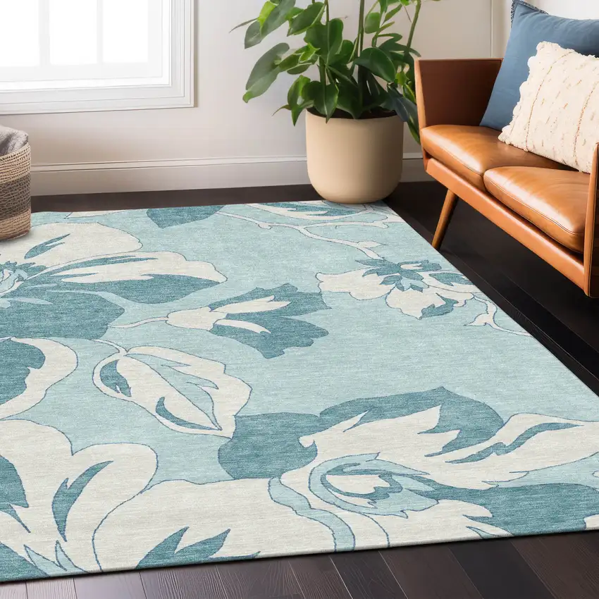 Teal Blue Aqua And Ivory Floral Washable Indoor Outdoor Area Rug Photo 9