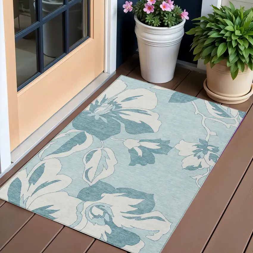 Teal Blue Aqua And Ivory Floral Washable Indoor Outdoor Area Rug Photo 1