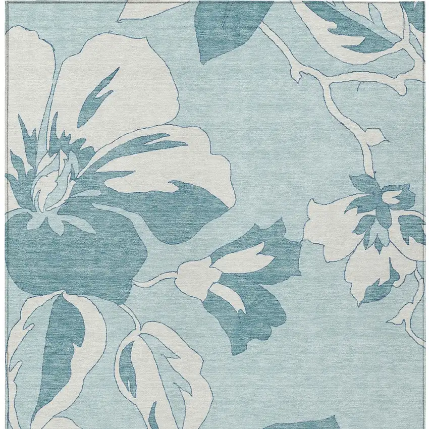 Teal Blue Aqua And Ivory Floral Washable Indoor Outdoor Area Rug Photo 7