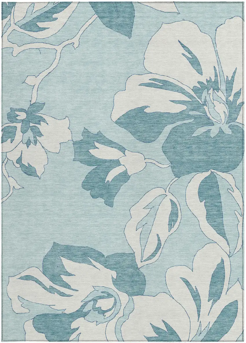 Teal Blue Aqua And Ivory Floral Washable Indoor Outdoor Area Rug Photo 8