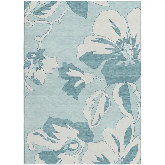 Teal Blue Aqua And Ivory Floral Washable Indoor Outdoor Area Rug Photo 8