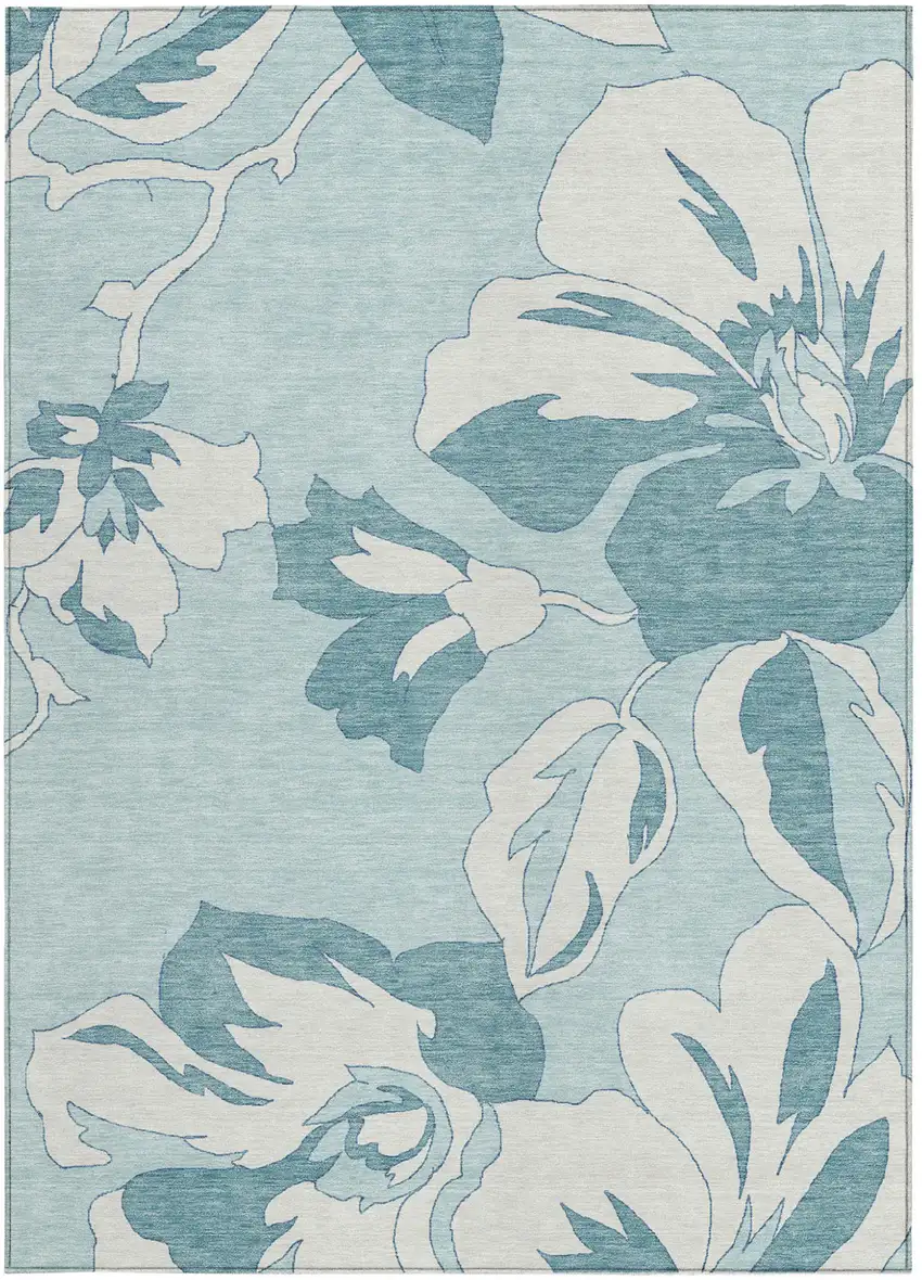 Teal Blue Aqua And Ivory Floral Washable Indoor Outdoor Area Rug Photo 8