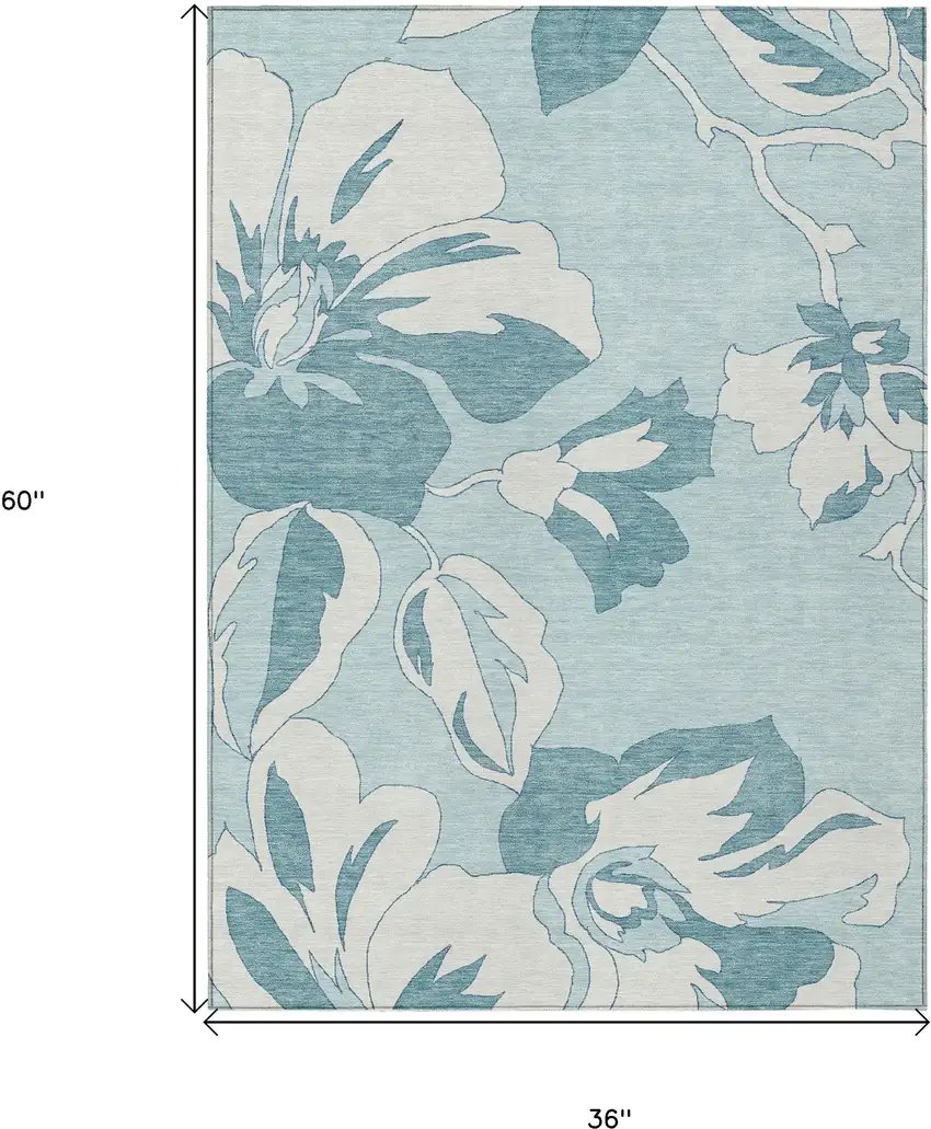 Teal Blue Aqua And Ivory Floral Washable Indoor Outdoor Area Rug Photo 3