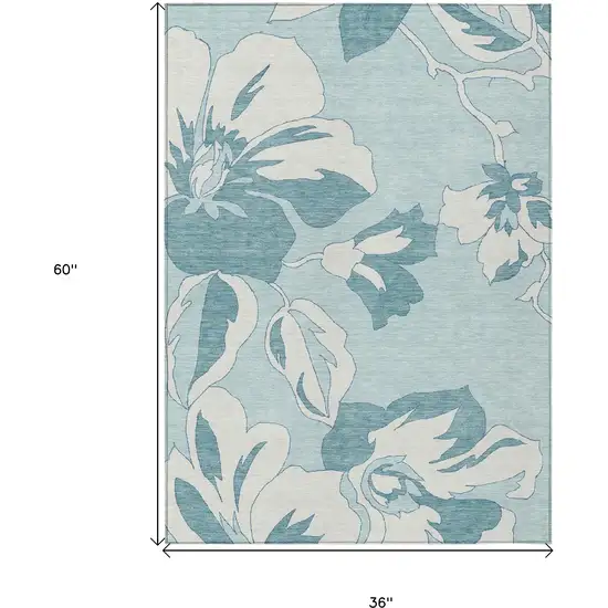 Teal Blue Aqua And Ivory Floral Washable Indoor Outdoor Area Rug Photo 3