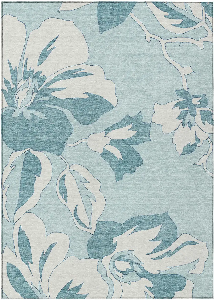 Teal Blue Aqua And Ivory Floral Washable Indoor Outdoor Area Rug Photo 2