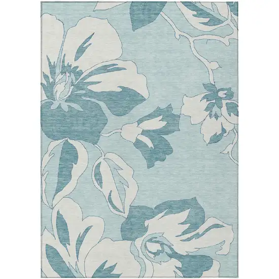 Teal Blue Aqua And Ivory Floral Washable Indoor Outdoor Area Rug Photo 2