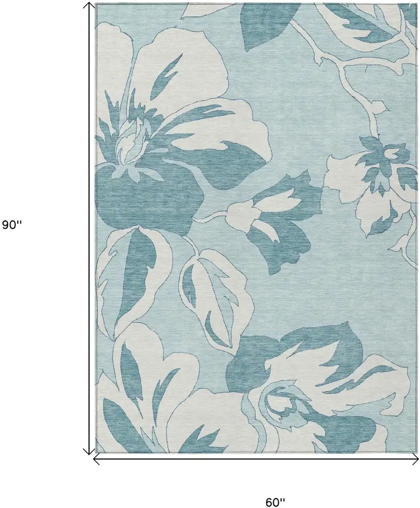 Teal Blue Aqua And Ivory Floral Washable Indoor Outdoor Area Rug Photo 3