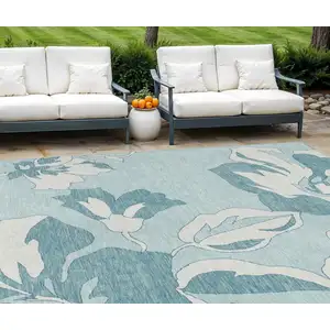 Photo of Teal Blue Aqua And Ivory Floral Washable Indoor Outdoor Area Rug