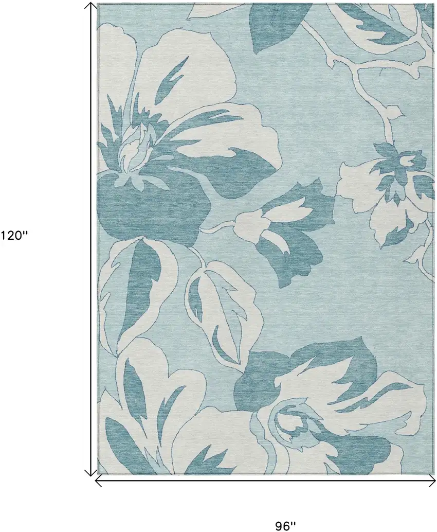 Teal Blue Aqua And Ivory Floral Washable Indoor Outdoor Area Rug Photo 3
