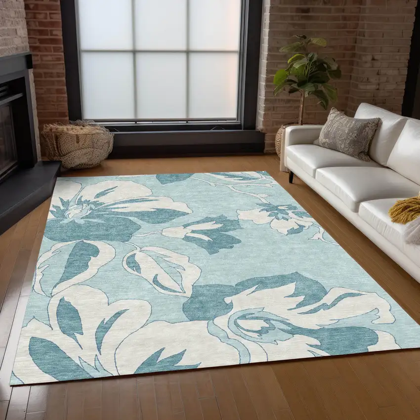 Teal Blue Aqua And Ivory Floral Washable Indoor Outdoor Area Rug Photo 9