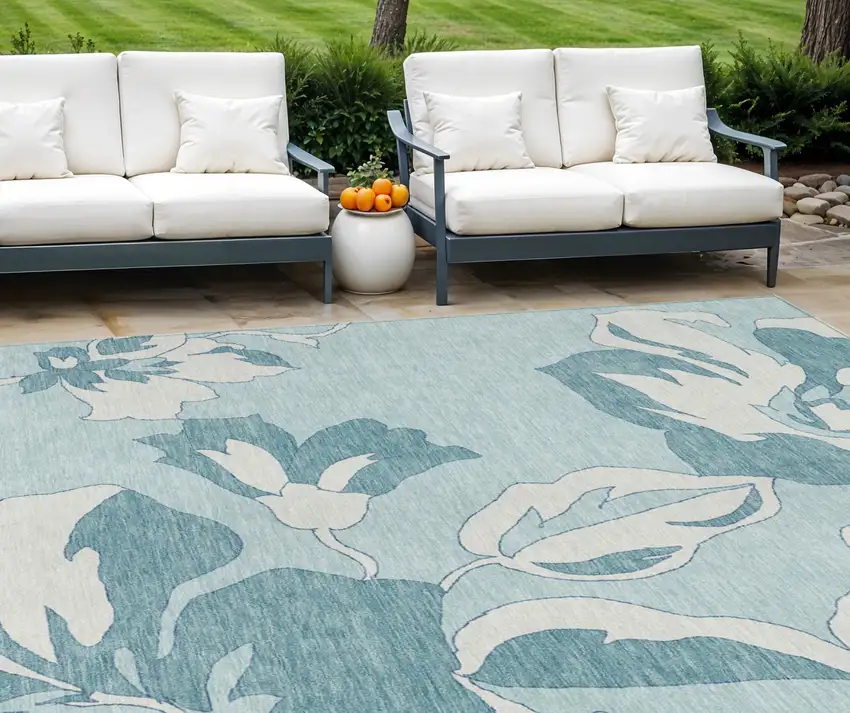 Teal Blue Aqua And Ivory Floral Washable Indoor Outdoor Area Rug Photo 1
