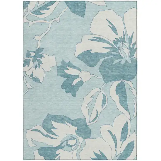 Teal Blue Aqua And Ivory Floral Washable Indoor Outdoor Area Rug Photo 8