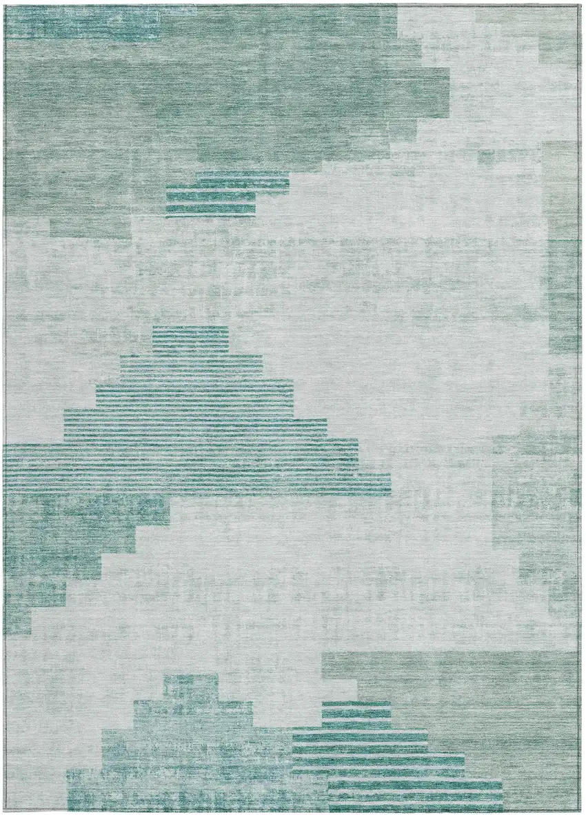 Teal Blue Aqua And Ivory Geometric Washable Indoor Outdoor Area Rug Photo 3