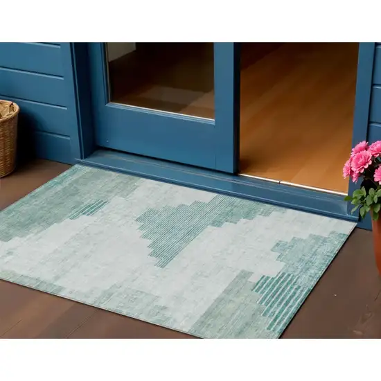 Teal Blue Aqua And Ivory Geometric Washable Indoor Outdoor Area Rug Photo 2
