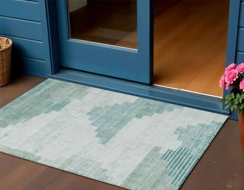 Teal Blue Aqua And Ivory Geometric Washable Indoor Outdoor Area Rug Photo 2