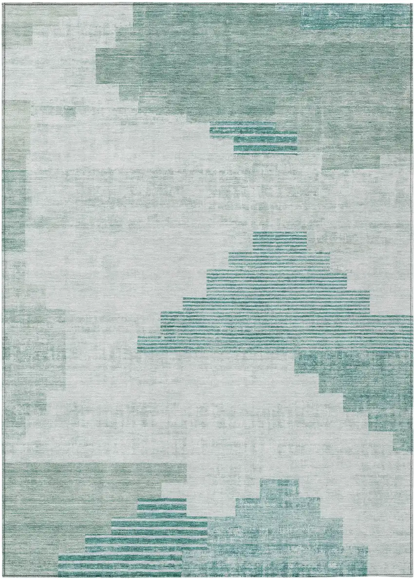 Teal Blue Aqua And Ivory Geometric Washable Indoor Outdoor Area Rug Photo 1