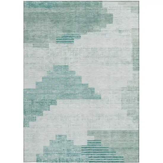 Teal Blue Aqua And Ivory Geometric Washable Indoor Outdoor Area Rug Photo 3