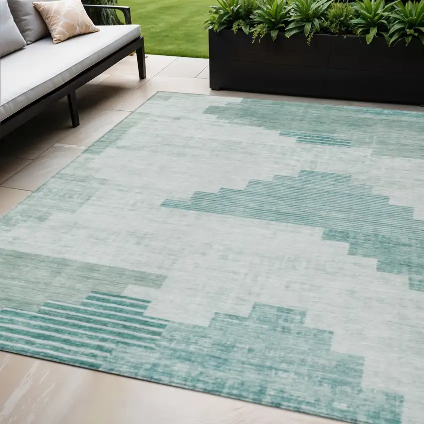 Teal Blue Aqua And Ivory Geometric Washable Indoor Outdoor Area Rug Photo 2