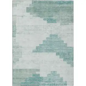 Photo of Teal Blue Aqua And Ivory Geometric Washable Indoor Outdoor Area Rug