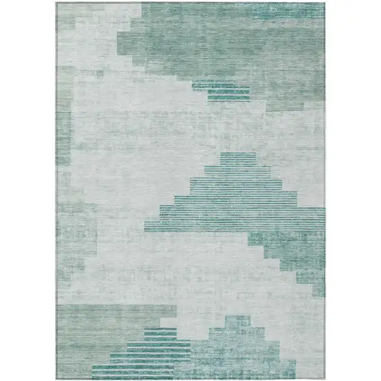 Teal Blue Aqua And Ivory Geometric Washable Indoor Outdoor Area Rug Photo 1