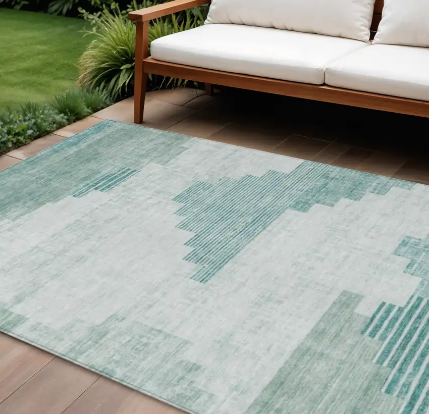 Teal Blue Aqua And Ivory Geometric Washable Indoor Outdoor Area Rug Photo 2