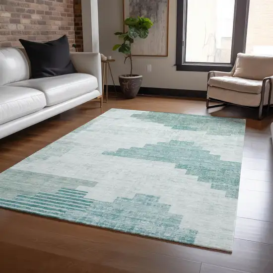 Teal Blue Aqua And Ivory Geometric Washable Indoor Outdoor Area Rug Photo 5