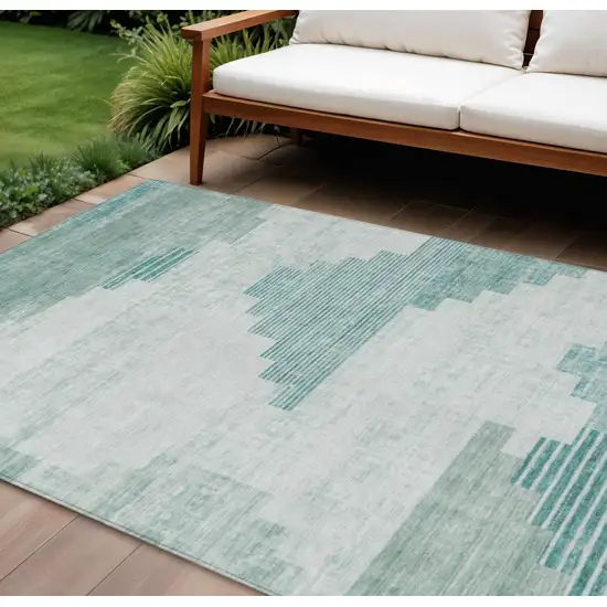 Teal Blue Aqua And Ivory Geometric Washable Indoor Outdoor Area Rug Photo 2