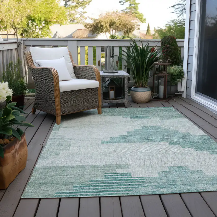 Teal Blue Aqua And Ivory Geometric Washable Indoor Outdoor Area Rug Photo 7