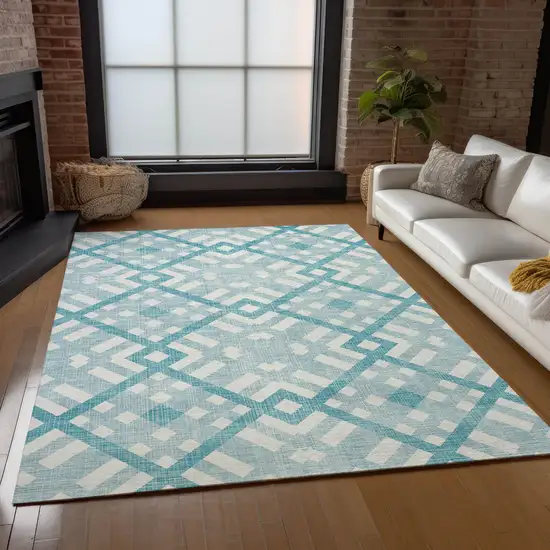 Teal Blue Aqua And Ivory Geometric Washable Indoor Outdoor Area Rug Photo 7
