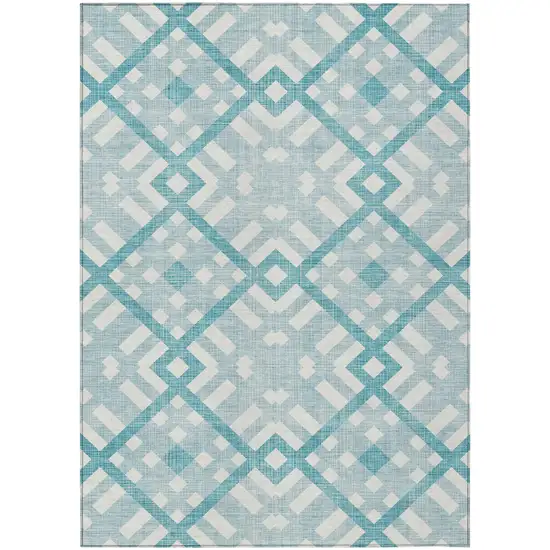 Teal Blue Aqua And Ivory Geometric Washable Indoor Outdoor Area Rug Photo 2