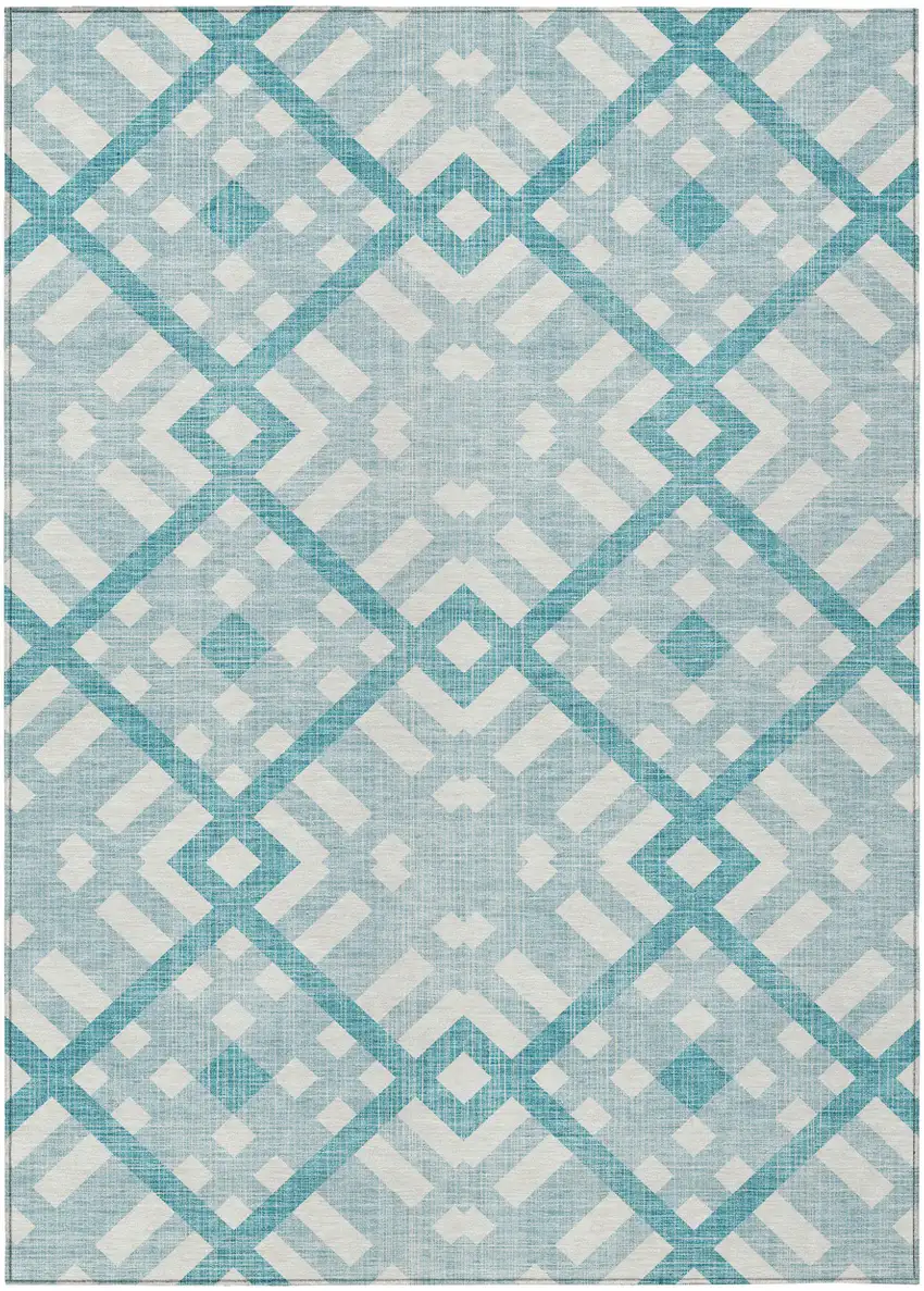Teal Blue Aqua And Ivory Geometric Washable Indoor Outdoor Area Rug Photo 2
