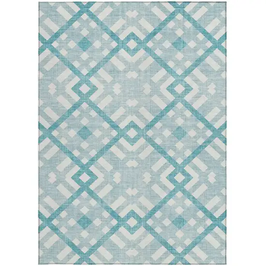 Teal Blue Aqua And Ivory Geometric Washable Indoor Outdoor Area Rug Photo 5