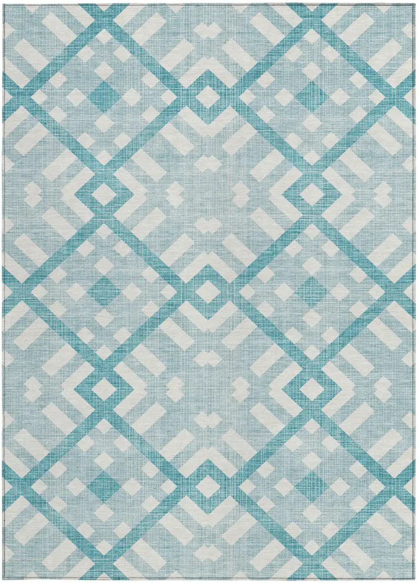 Teal Blue Aqua And Ivory Geometric Washable Indoor Outdoor Area Rug Photo 5
